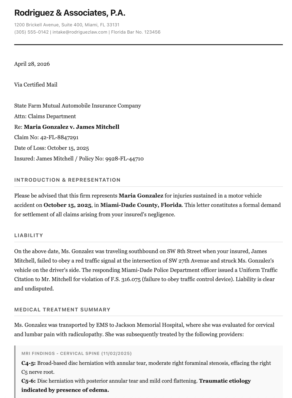 AI-generated demand letter showing MRI findings, billing table, and settlement demand